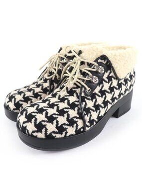Gucci Houndstooth Leather Shearling Short Boots Black White 37